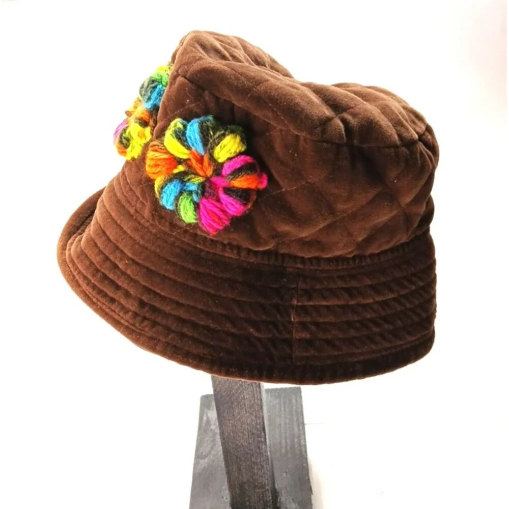 Bucket Hat Upcyled Colorful Crochet Puff Flowers 100% Cotton Onsize Velvet Feel